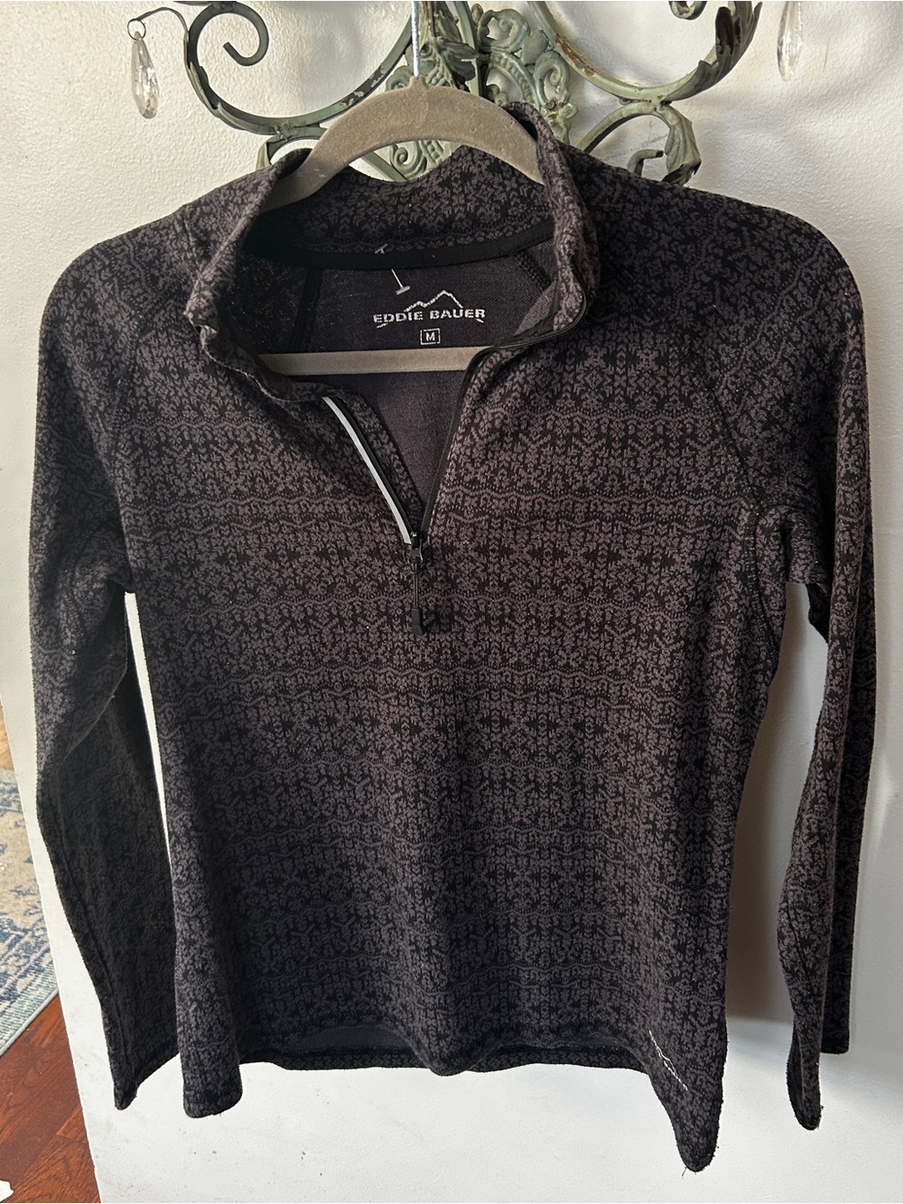 Eddie Bauer Women’s M Fair Isle Geometric Quarter Zip Pullover Black Gray